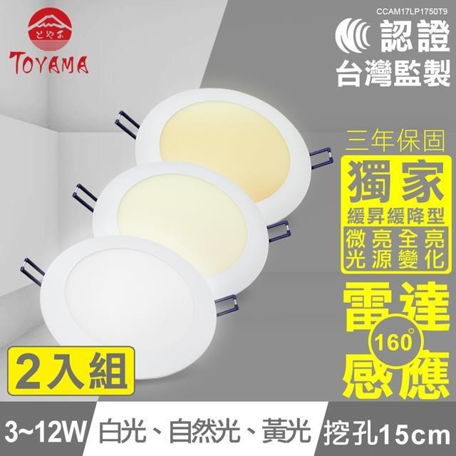 TOYAMA特亞馬 3∼12W超薄LED雷達微波感應崁燈 微亮全亮型 挖孔尺寸15cm 2入(三色任選)
