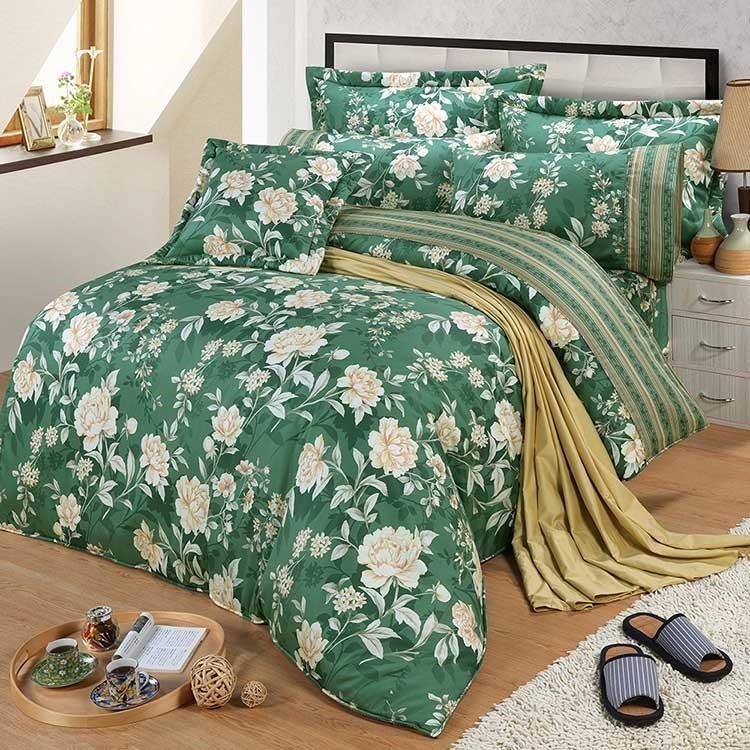 【FITNESS】精梳棉雙人七件式床罩組-花語情嵐-綠