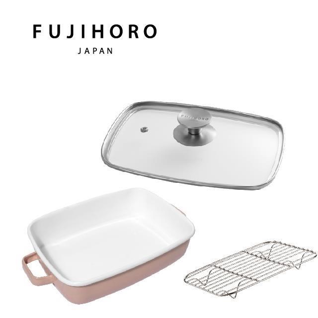 【FUJIHORO 富士琺瑯】雙耳琺瑯烘焙保鮮盒附蓋方型1.6L-莫蘭迪粉+玻璃蓋+網架