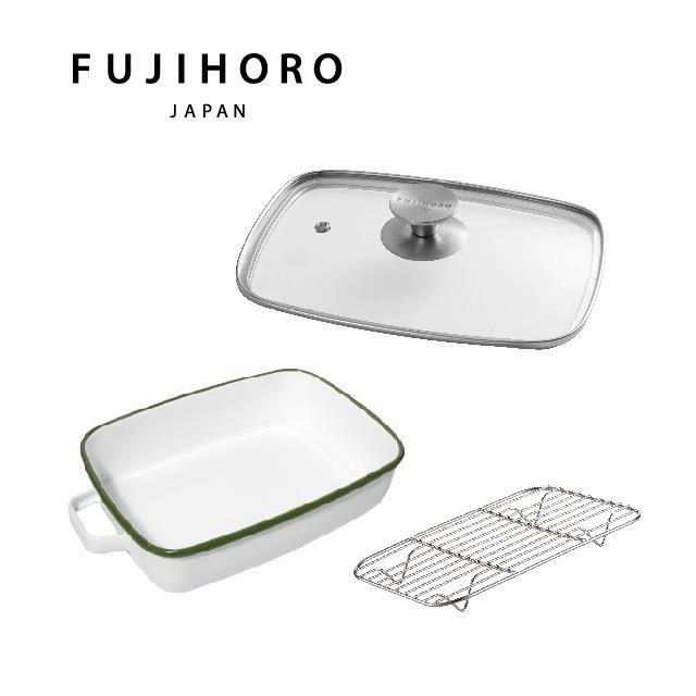 【FUJIHORO 富士琺瑯】雙耳琺瑯烘焙保鮮盒附蓋方型1.6L-白+玻璃蓋+網架