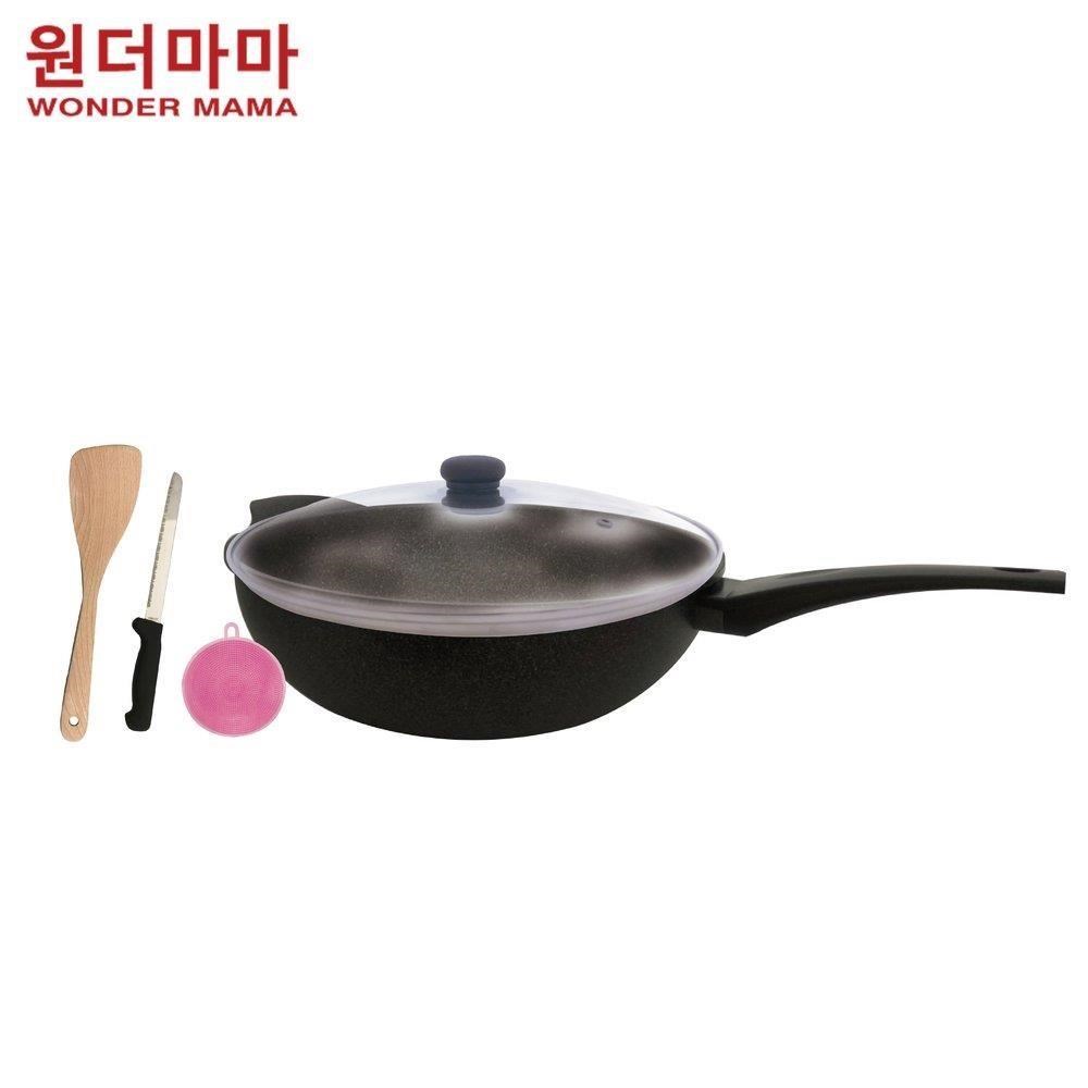 韓國WONDER MAMA原石不沾鍋5件式(32cm菜鍋+鍋蓋+木鏟+鍋刷+冷凍刀)
