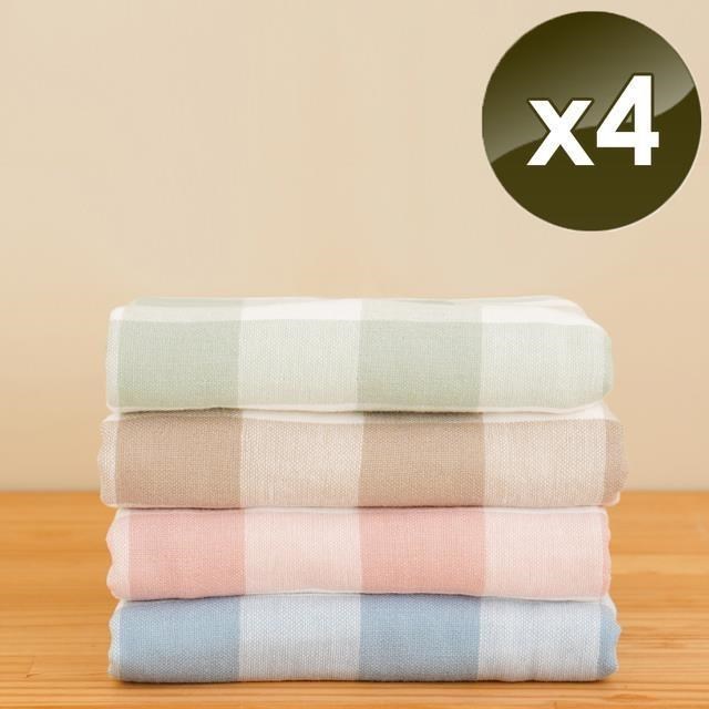 【HKIL-巾的專家】日系大格子蓬鬆棉圈/紗布雙材質純棉浴巾-4入組