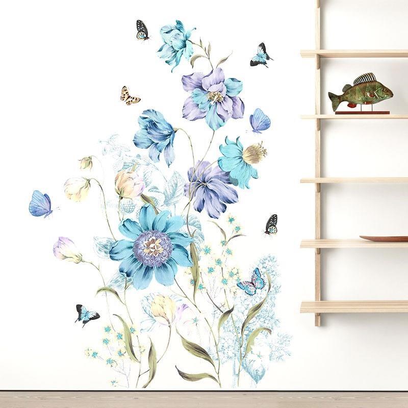 無痕設計防水壁貼 北歐風 藍色 花草 蝴蝶 裝飾貼紙 D277