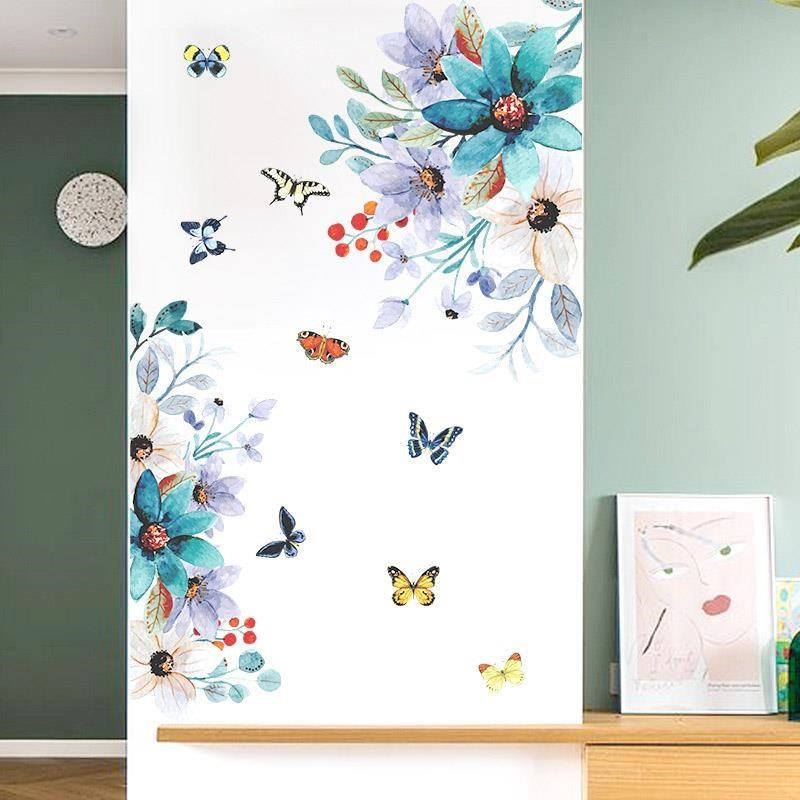 無痕設計防水壁貼 北歐風 藍色 花草 蝴蝶 裝飾貼紙 D265