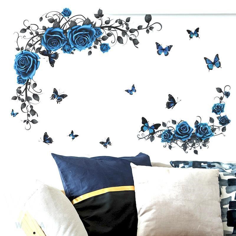 無痕設計防水壁貼 哥德式 浪漫 華麗 藍色 玫瑰 藤蔓 7592
