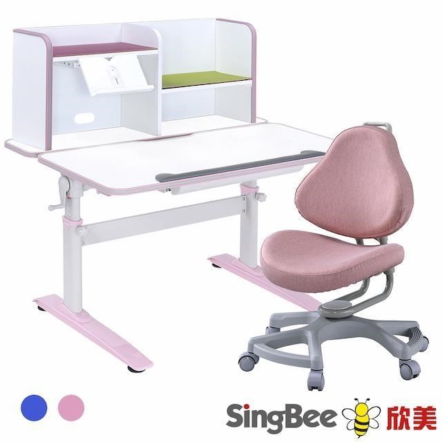 【SingBee 欣美】LeTaHo喜學兒 手搖升降雙板桌105cm桌面+書架+168椅-兒童書桌椅