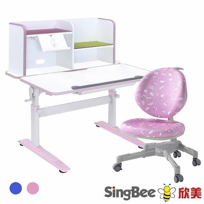 【SingBee 欣美】LeTaHo喜學兒 手搖升降雙板桌105cm桌面+書架+126椅-兒童書桌椅