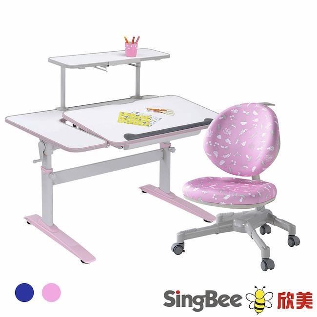 【SingBee 欣美】LeTaHo喜學兒 手搖升降L板桌115cm桌面+書架+126椅-兒童書桌椅