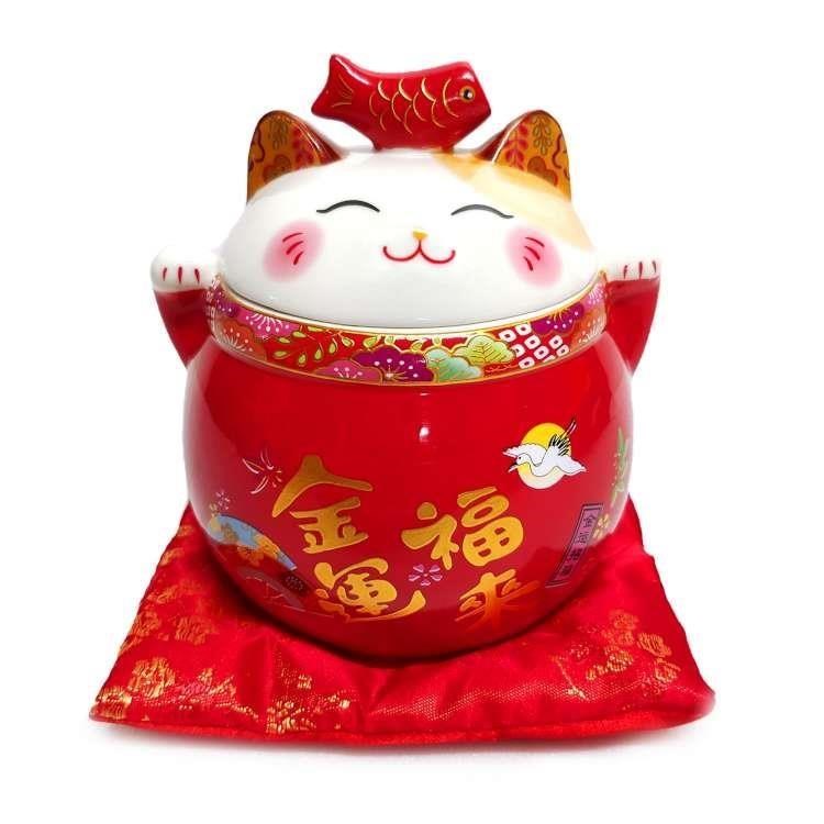【摩達客】春節-紅色金運福來招財貓密封罐-聚寶盆收納開運擺飾(贈坐墊)