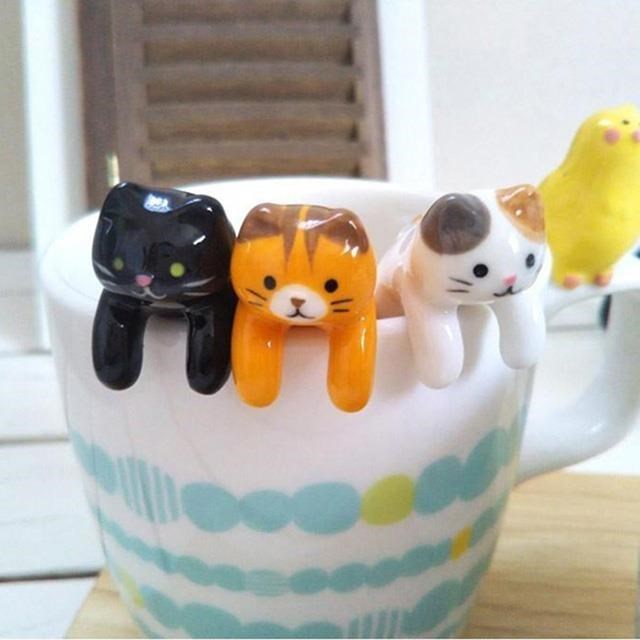 日本 DECOLE 貓咪陶瓷杯緣子湯匙/攪拌棒–黑貓/三毛貓/虎斑貓