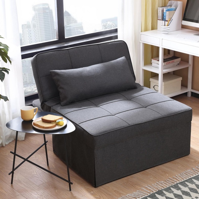 林氏木業多功能可折疊單人躺椅沙發床LS050FC1-深灰色(附抱枕X2)