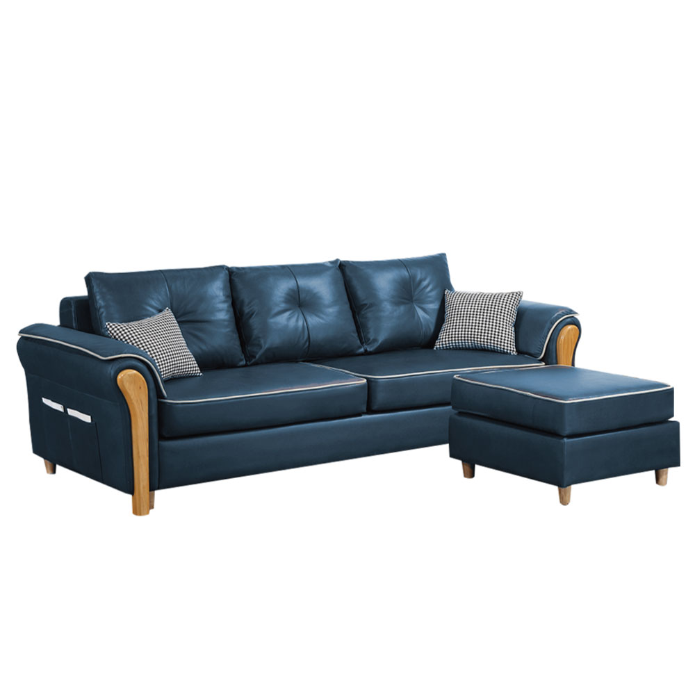 [文創集漢尼瓦 暗藍色柔韌科技布L型沙發椅組合(三人座＋椅凳)