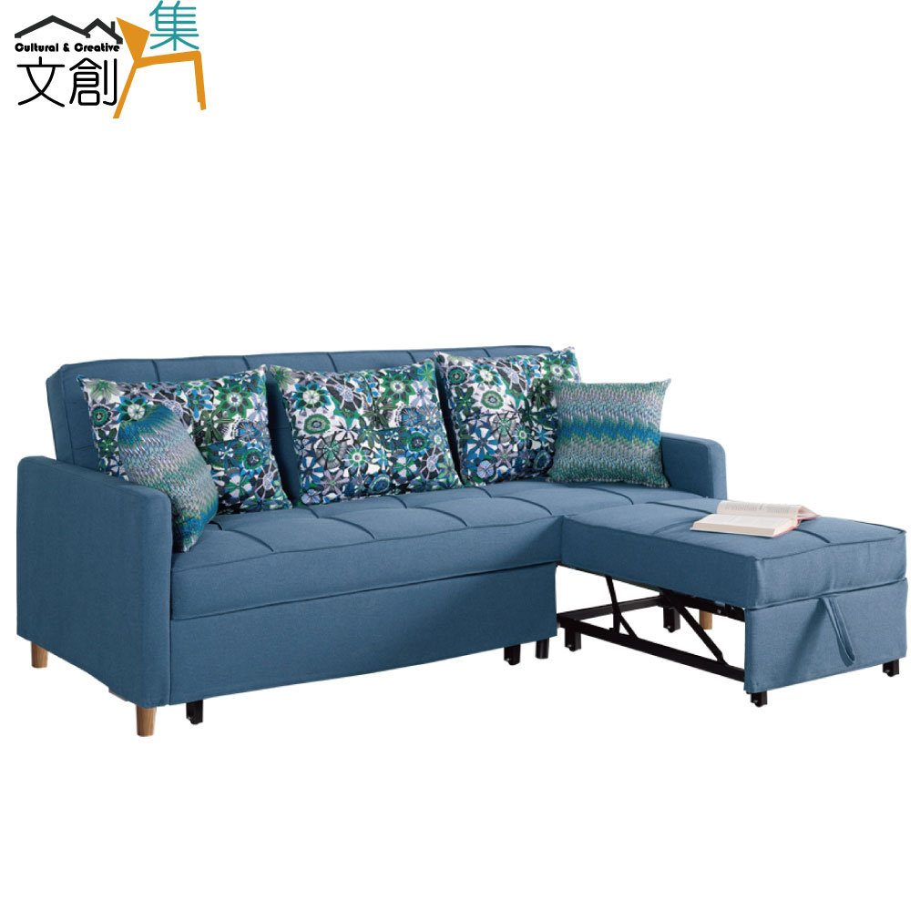 【文創集】格利略時尚藍棉麻布拉合式Ｌ型沙發/沙發床