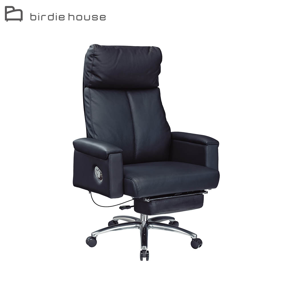 Birdie-貝德黑色半牛皮扶手主管辦公椅/電腦椅-可傾仰伸縮擱腳/腳靠墊+羽絨填充頭枕