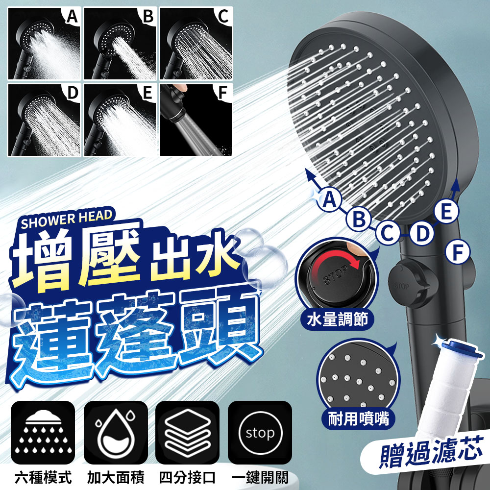 【任選2入組】Shower日本 增壓止水開關+6段模式省水含濾心 蓮蓬頭組/花灑 掛架支架座架 防爆軟管