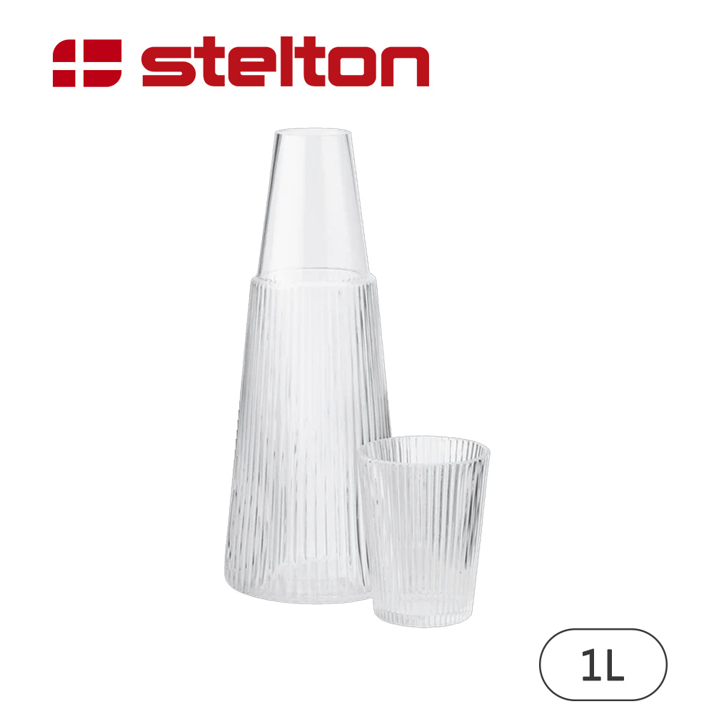 【Stelton】線條玻璃水瓶1L(附水杯)