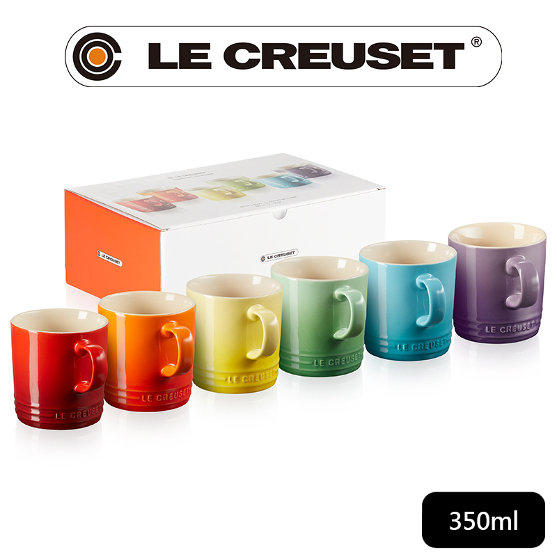 LE CREUSET-瓷器英式馬克杯350ml-6入組 (櫻桃紅/火焰橘/閃亮黃/棕櫚綠/加勒比海藍/星河紫)