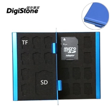 DigiStone 超薄型Slim鋁合金 18片裝雙層多功能記憶卡收納盒(2SD+16TF)-藍X1P