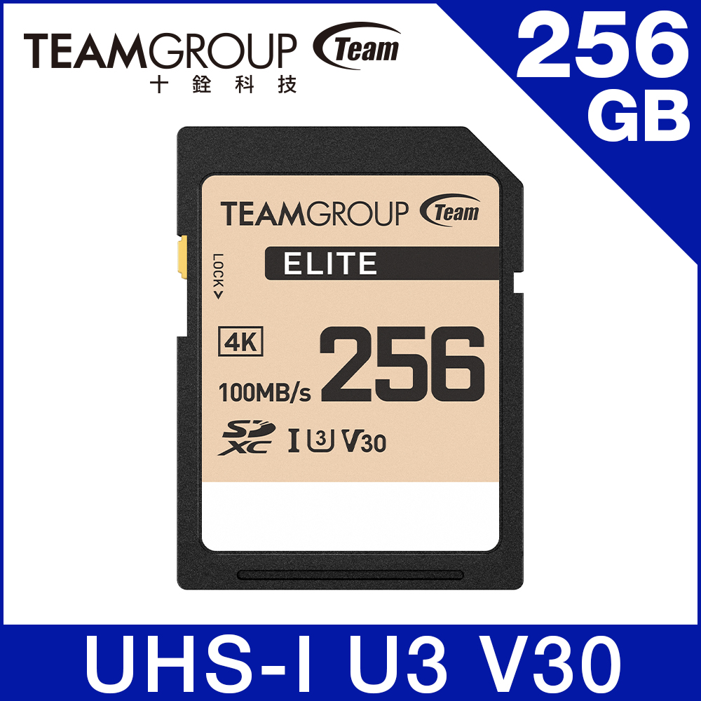 TEAM 十銓 ELITE SDXC 256GB UHS-I U3 V30 4K 記憶卡 (支援4K UHD攝錄影+終身保固)