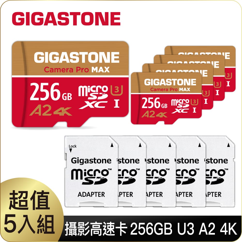 GIGASTONE Camera Pro MAX microSDXC UHS-Ⅰ U3 256GB攝影高速記憶卡-5入組(256G A2 4K)