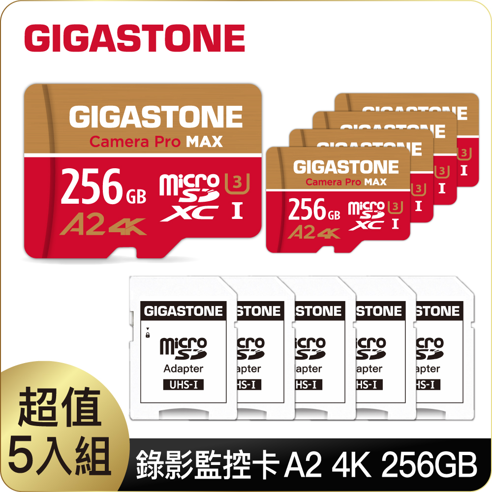 Gigastone 立達 Camera Pro MAX microSDXC UHS-Ⅰ U3 A2 4K 256GB錄影監控記憶卡-5入組(支援GoPro/DJI/行車紀錄器)