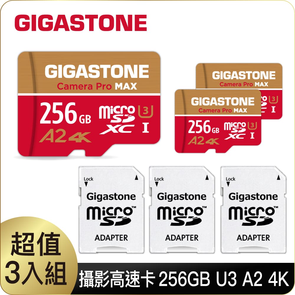 GIGASTONE Camera Pro MAX microSDXC UHS-Ⅰ U3 256GB攝影高速記憶卡-3入組(256G A2 4K)