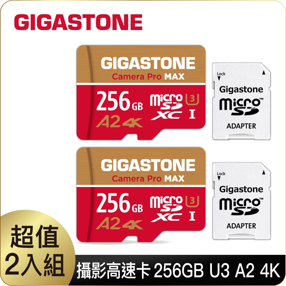 GIGASTONE Camera Pro MAX microSDXC UHS-Ⅰ U3 256GB攝影高速記憶卡-2入組(256G A2 4K)