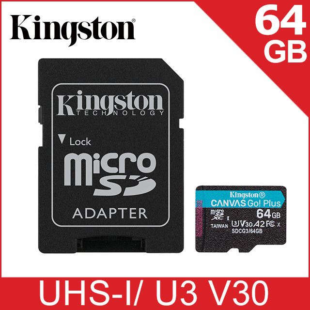 金士頓 Kingston Canvas GO! Plus microSDXC UHS-I (U3)(V30)(A2) 64GB 記憶卡 (SDCG3/64GB)