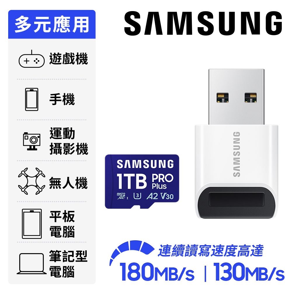 SAMSUNG 三星PRO Plus microSDXC UHS-I U3 A2 V30 1TB記憶卡 含高速讀卡機 公司貨