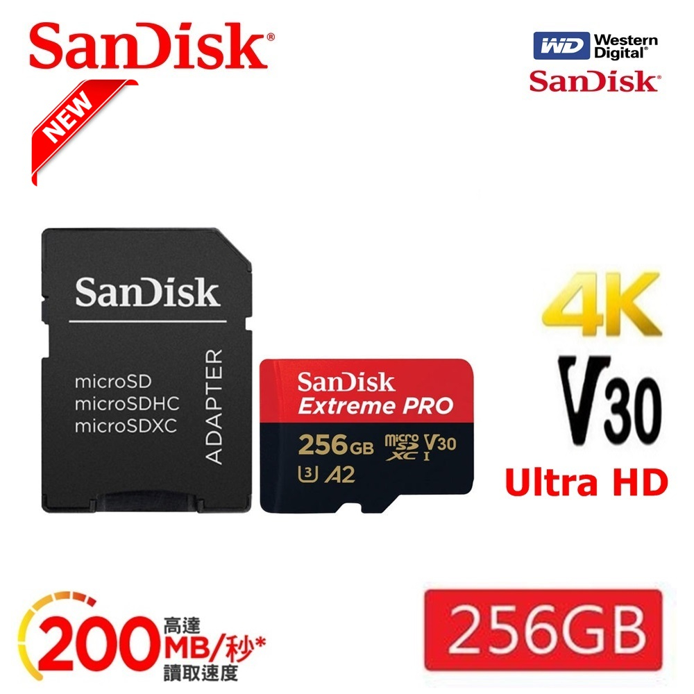 SanDisk ExtremePRO microSDXC UHS-I(V30)(A2) 256GB 200MB/s 記憶卡 (附SD轉卡)
