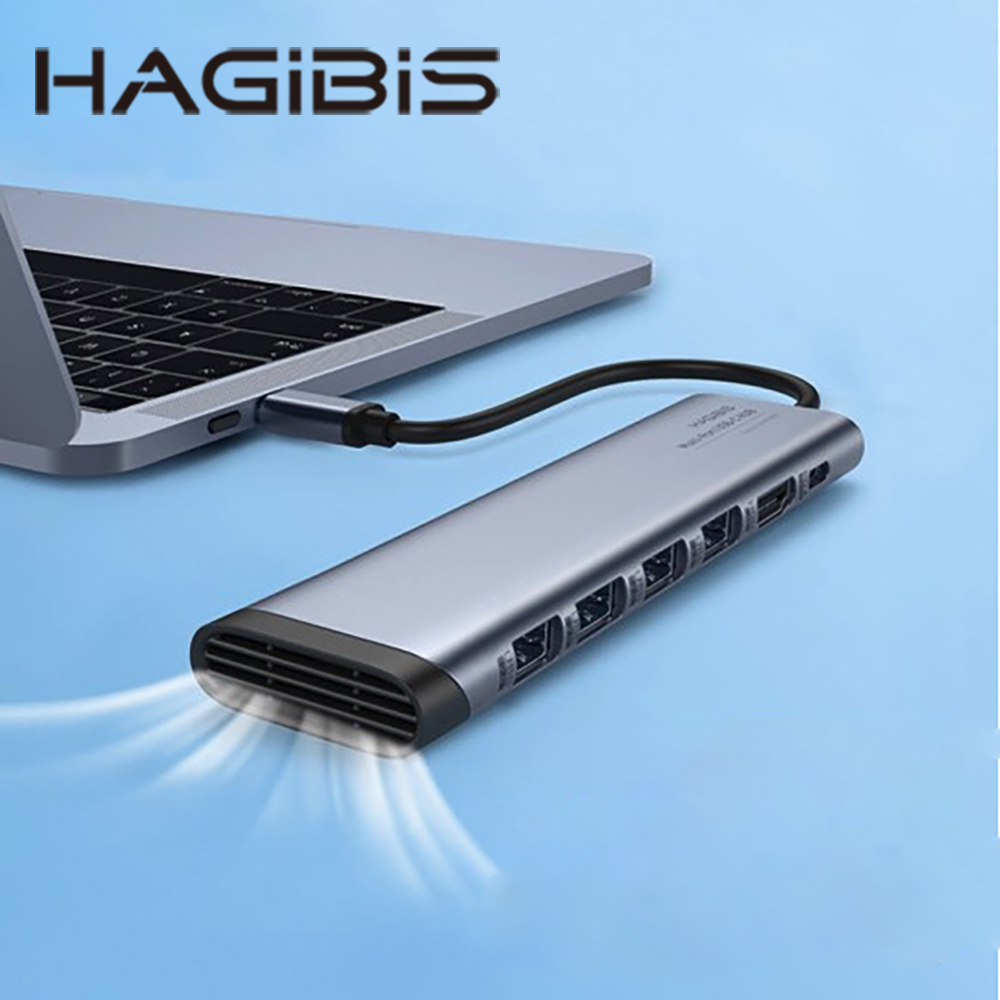 HAGiBiS鋁合金6合1擴充器：USB3.0*1+USB2.0*3+HDMI+PD供電