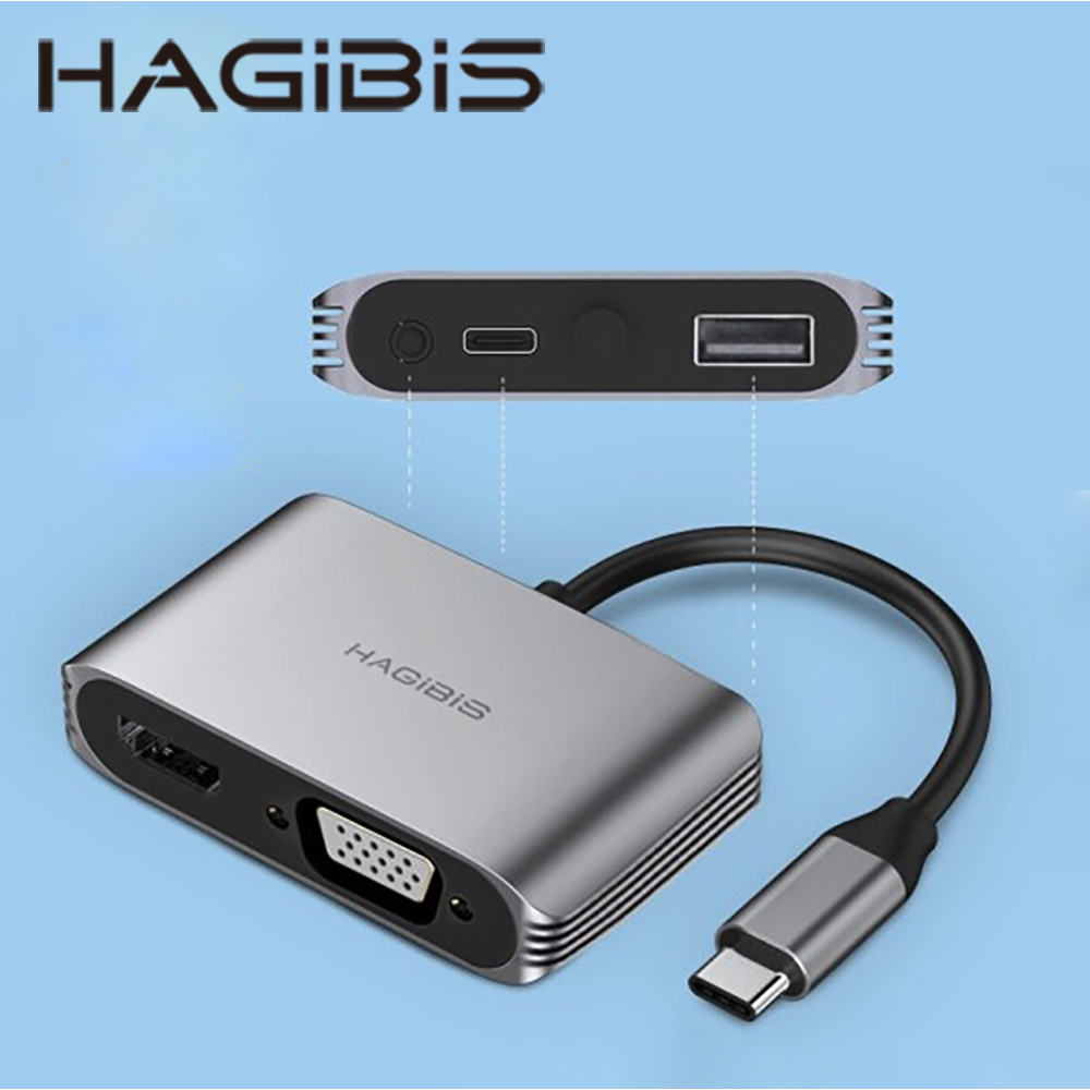 HAGiBiS鋁合金Type-C轉HDMI+VGA+PD充電+音源+USB2.0