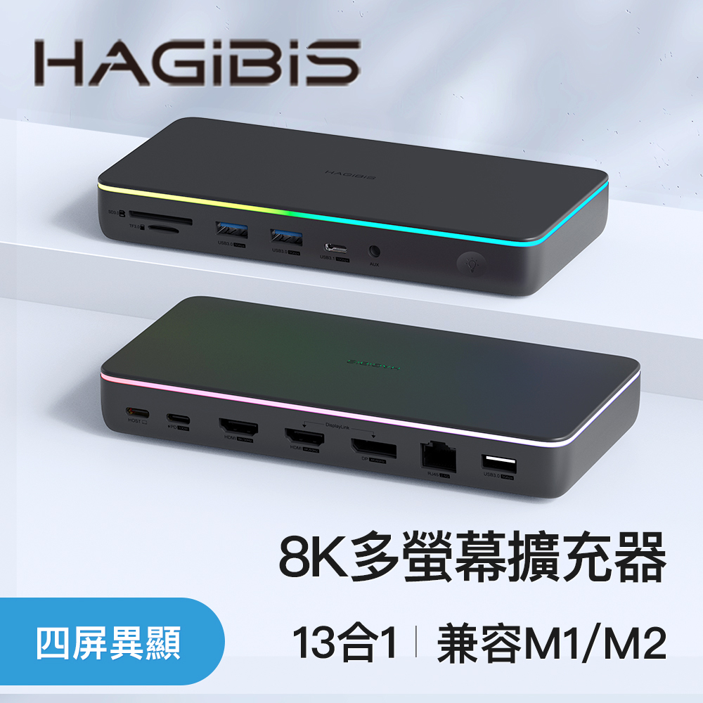 HAGiBiS桌面式Type-C多螢幕異顯節奏燈擴充器13合1