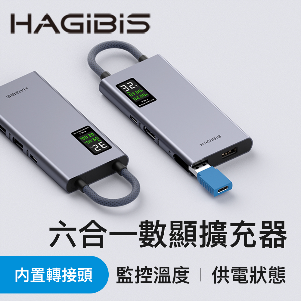 HAGiBiS鋁合金六合一數位顯示Type-C多功能擴充器