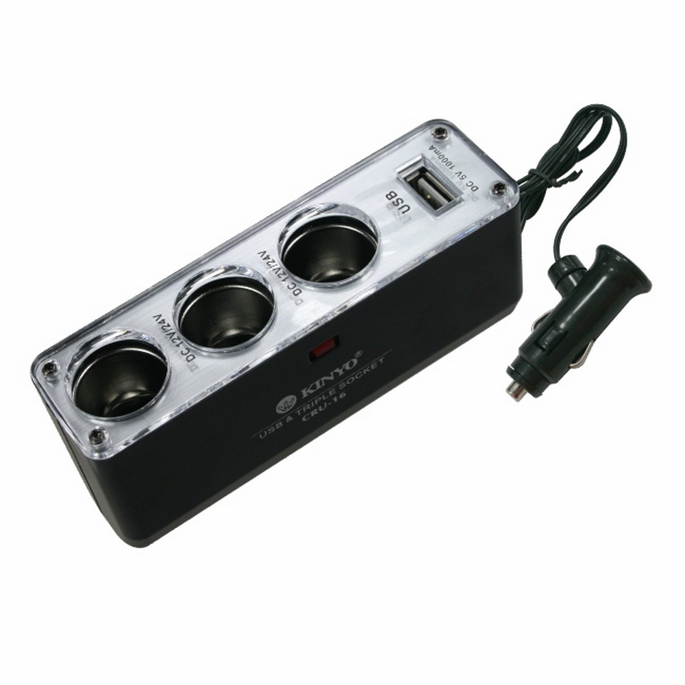 KINYO 3孔點煙器擴充座+USB充電槽(CRU-16)