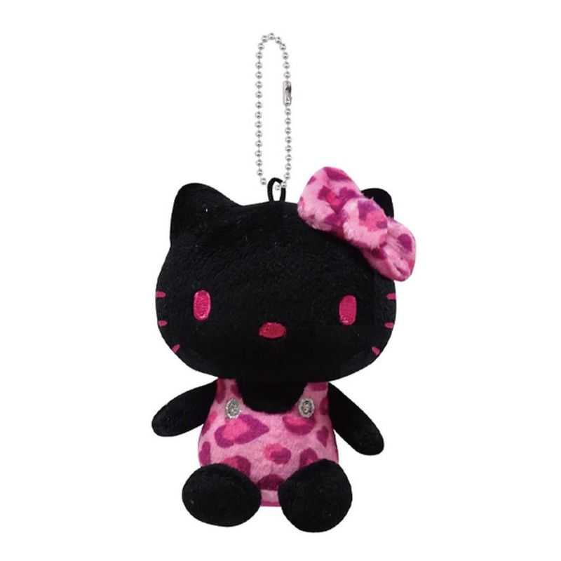 黑色HELLO KITTY絨毛娃娃吊飾 懷舊豹紋-黑粉 日本正版授權