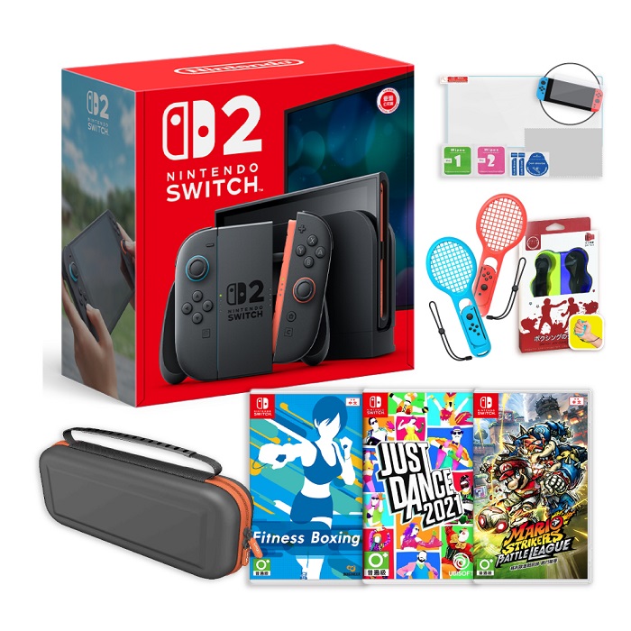 Switch 2公司貨主機+NS健身拳擊+NS瑪利歐激戰前鋒戰鬥聯賽+NS舞力全開 保貼+收納包+矽膠套+運動配件