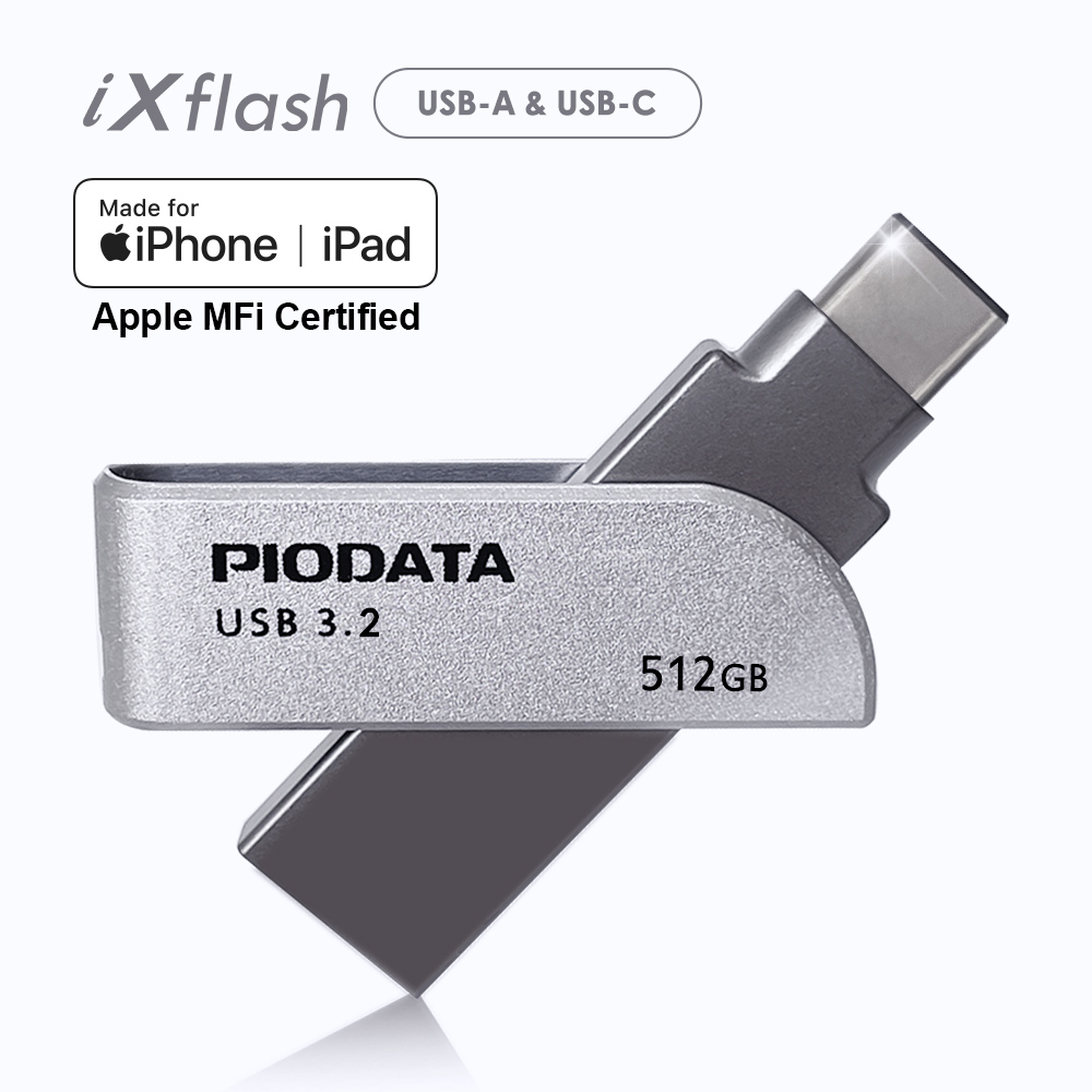 PIODATA iXflash APPLE MFi認證USB 3.2 512GB iPhone/iPad跨平臺雙向隨身碟 金屬灰