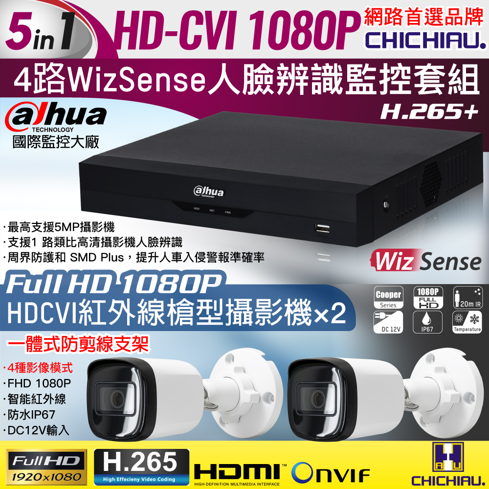 【CHICHIAU】Dahua大華 H.265 5MP 4路CVI 1080P數位遠端監控套組(含200萬紅外線槍機型攝影機x2)