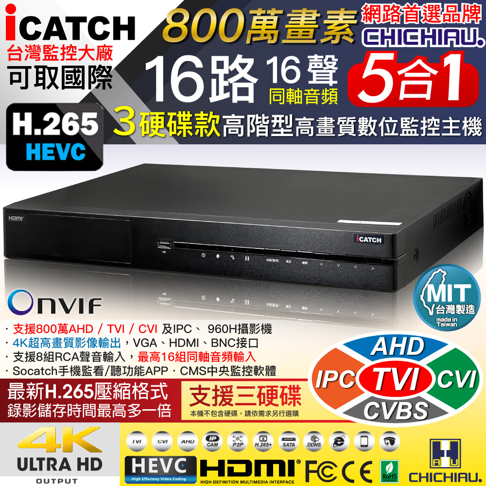 【CHICHIAU】16路16聲同軸音頻 800萬 AHD TVI CVI 5MP臺製iCATCH數位高畫質遠端三硬碟款監控錄影主機