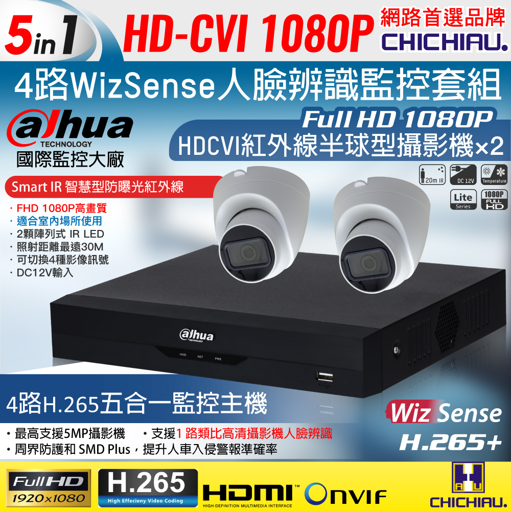 【CHICHIAU】Dahua大華 H.265 5MP 4路CVI 1080P數位遠端監控套組(含200萬紅外線半球型攝影機x2)