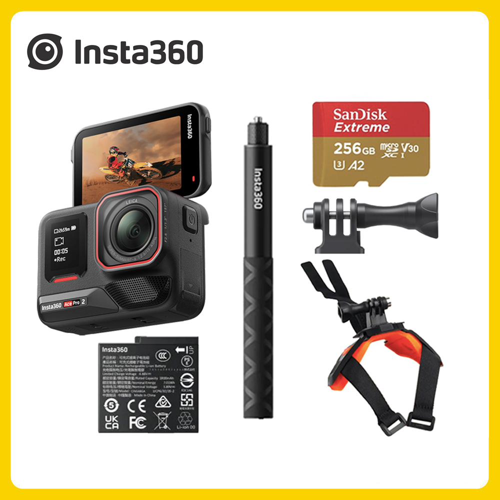 Insta360 Ace Pro 2 翻轉螢幕運動相機 單電版 安全帽下巴自拍棒套裝 (先創公司貨)
