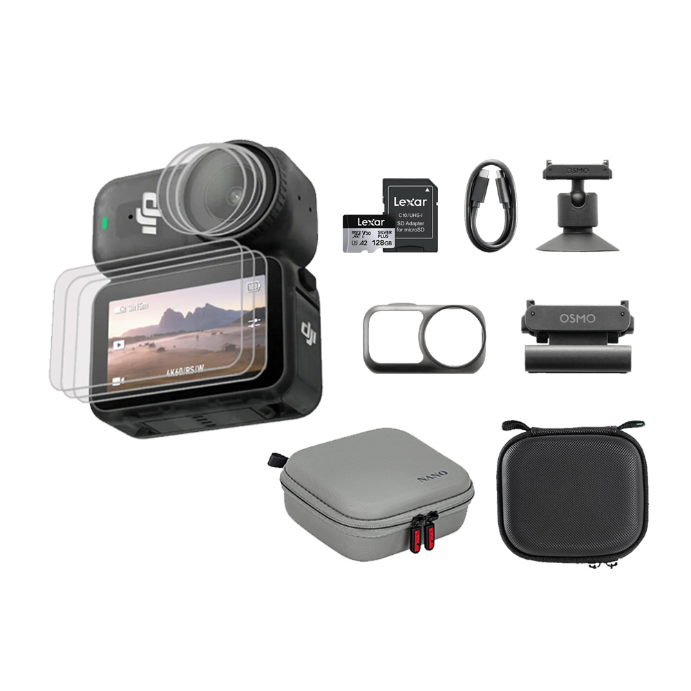 DJI 大疆 OSMO NANO 128G 標準套裝+LEXAR銀卡128GB+鋼化貼3入+單機收納包+套裝收納包 (公司貨)