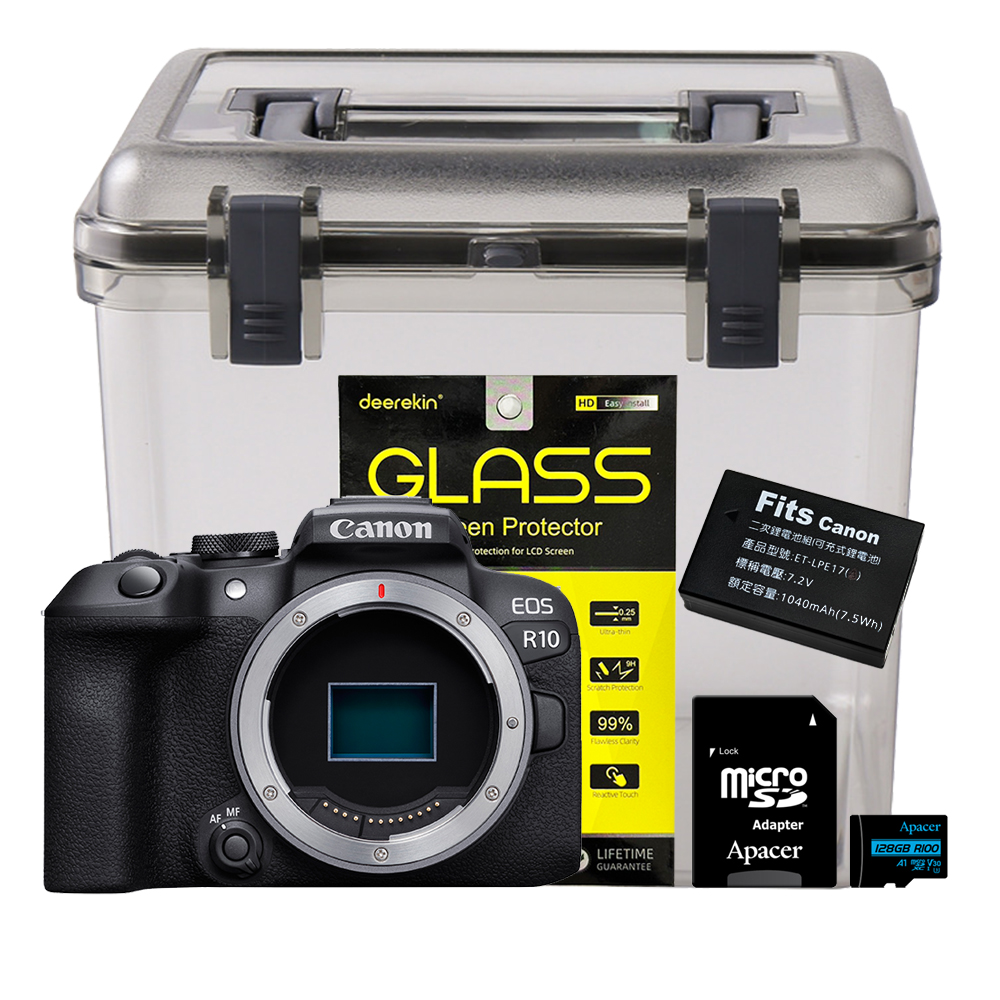 Canon EOS R10 + 鋼化貼 + SunLight防潮盒 + 128G記憶卡 + 副廠電池 (公司貨)