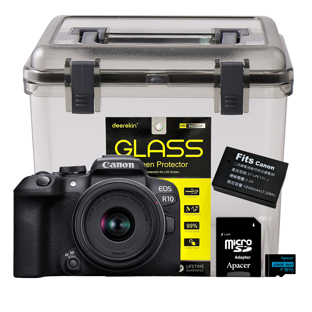 Canon EOS R10 RF-S18-45mm + 鋼化貼 + SunLight防潮盒 + 128G記憶卡 + 副廠電池 (公司貨)