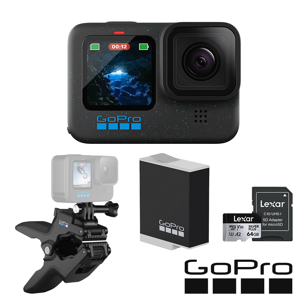 GoPro HERO12 Black 隨夾隨拍套組 (HERO12單機+鯊魚軟管夾+Enduro原廠充電電池+64G記憶卡) 公司貨
