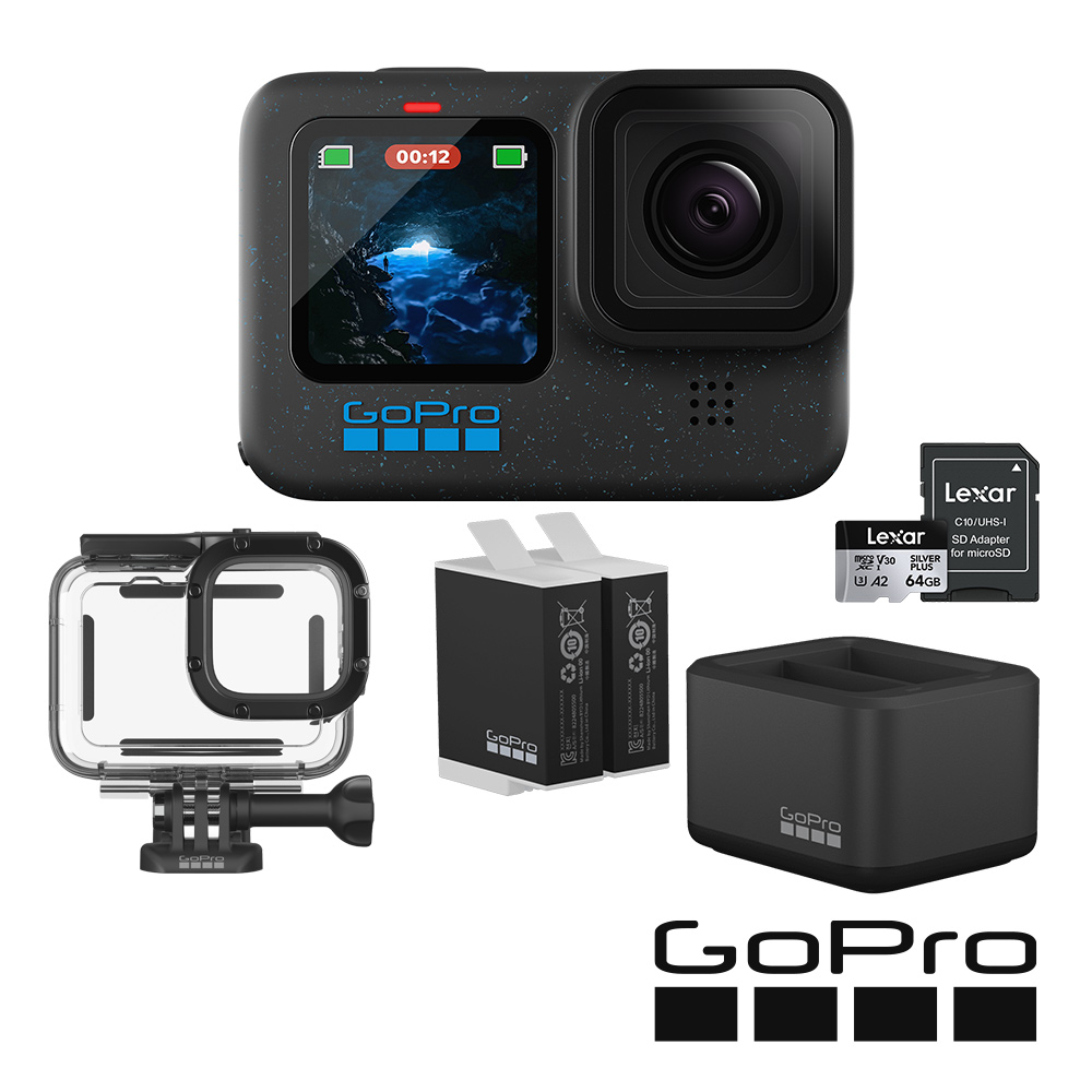 GoPro HERO12 Black 潛水超續航套組 (HERO12單機+60m潛水防護殼+Enduro雙座充+雙電池+64G記憶卡) 公司貨