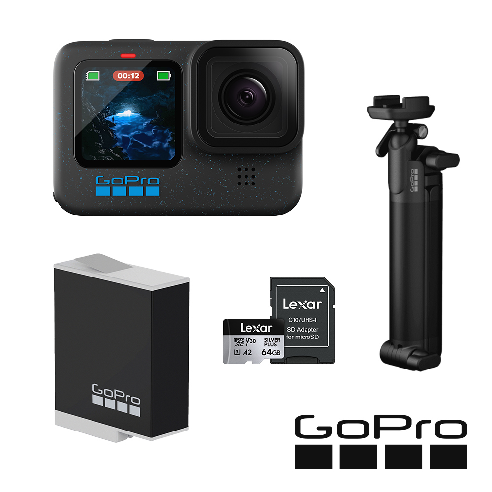 GoPro HERO12 Black 三向輕裝套組 (HERO12單機+三向多功能自拍桿2.0+Enduro原廠電池+64G記憶卡) 公司貨