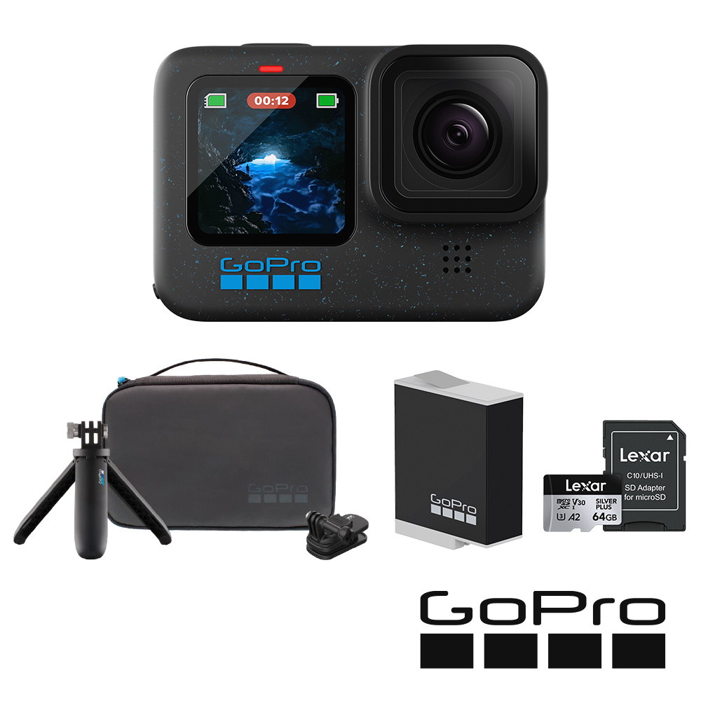 GoPro HERO12 Black 旅遊輕裝套組 (HERO12單機+旅行套件組+Enduro原廠充電電池+64G記憶卡) 公司貨