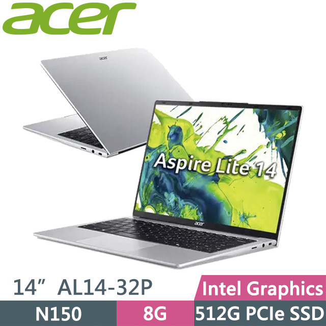 ACER 宏碁 Aspire Lite AL14-32P-C36J 銀(N150/8G/512G SSD/14吋WUXGA/W11)效能筆電